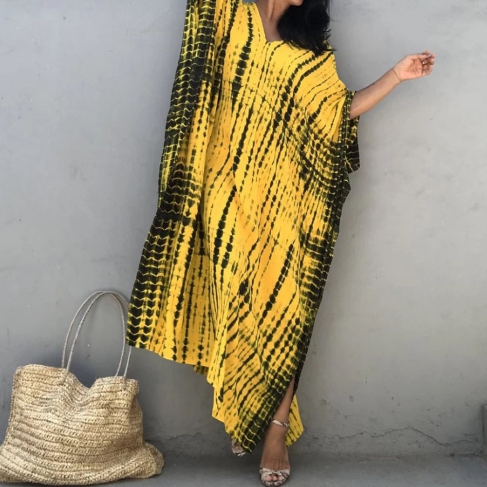 SOLD OUT Yellow & Black Bohemian Tie Dye Kaftan Kimono Dress - Picture 9 of 9